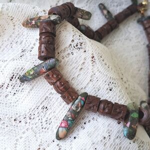Exotic Wood Bead Statement Necklace With Colorful Stones Lobster Clasp 18" 16"